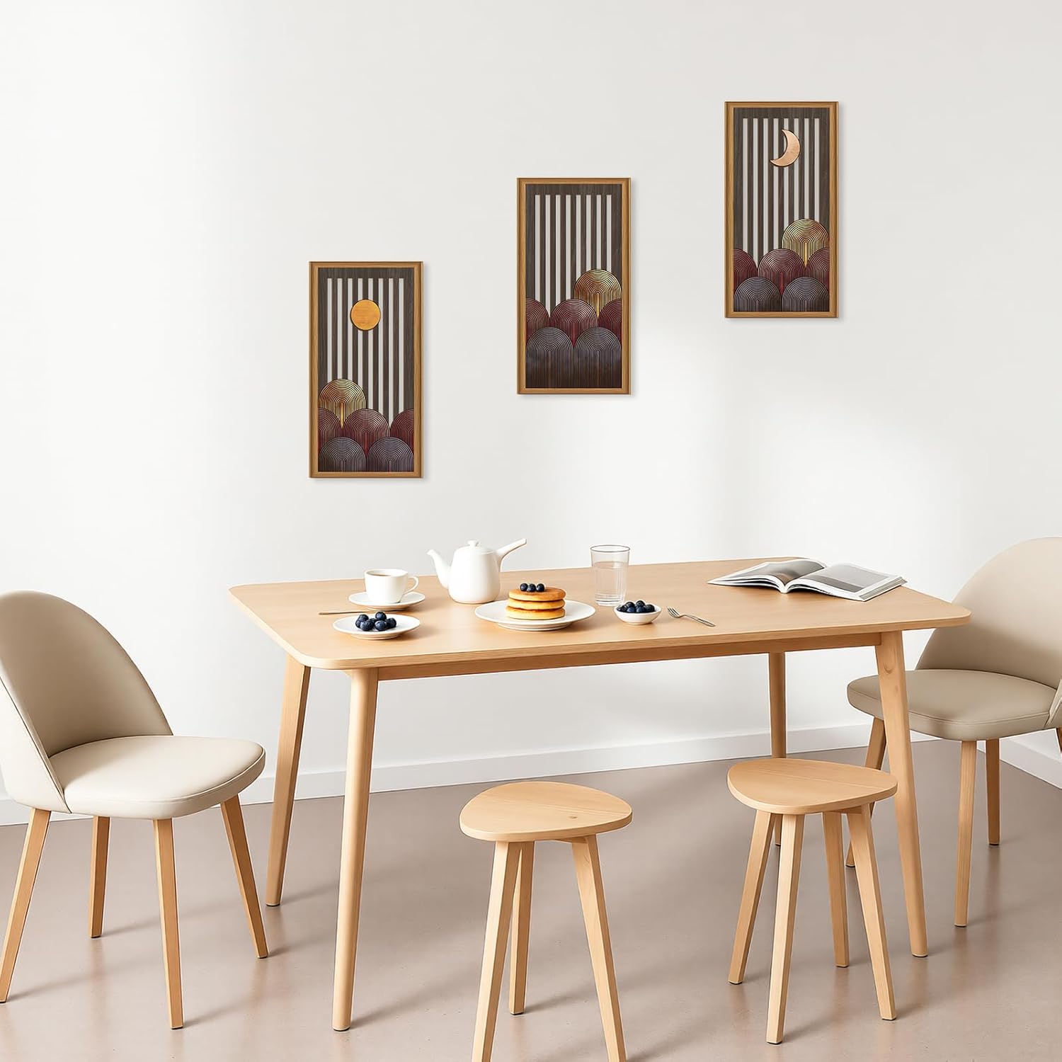 Celestdeco 3 Pcs Boho Mountain Wooden Wall Art Minimalist Geometric Artwork Pine Tree Sunrise Wood Wall Decor Bohemian Forest Hanging Decor for Living Room Bedroom Office 7.9 x15.8 Inch