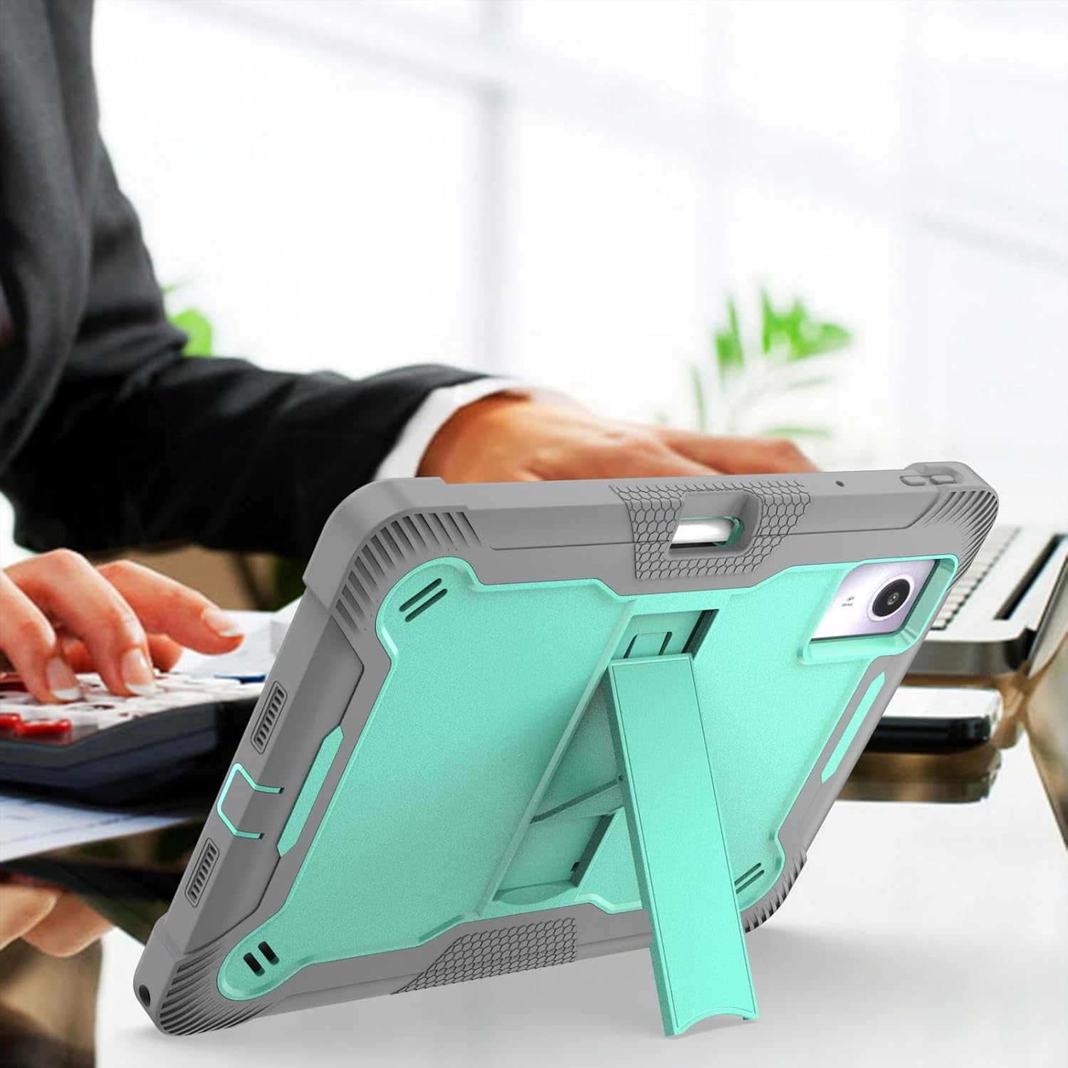 Heavy Duty Case for Lenovo Idea Tab Plus 12.1 inch 2025 Model, 3-Layer Shockproof Armor Cover (Soft Silicone + Hard PC) with Kickstand & Pencil Holder -Gray + Mint Green