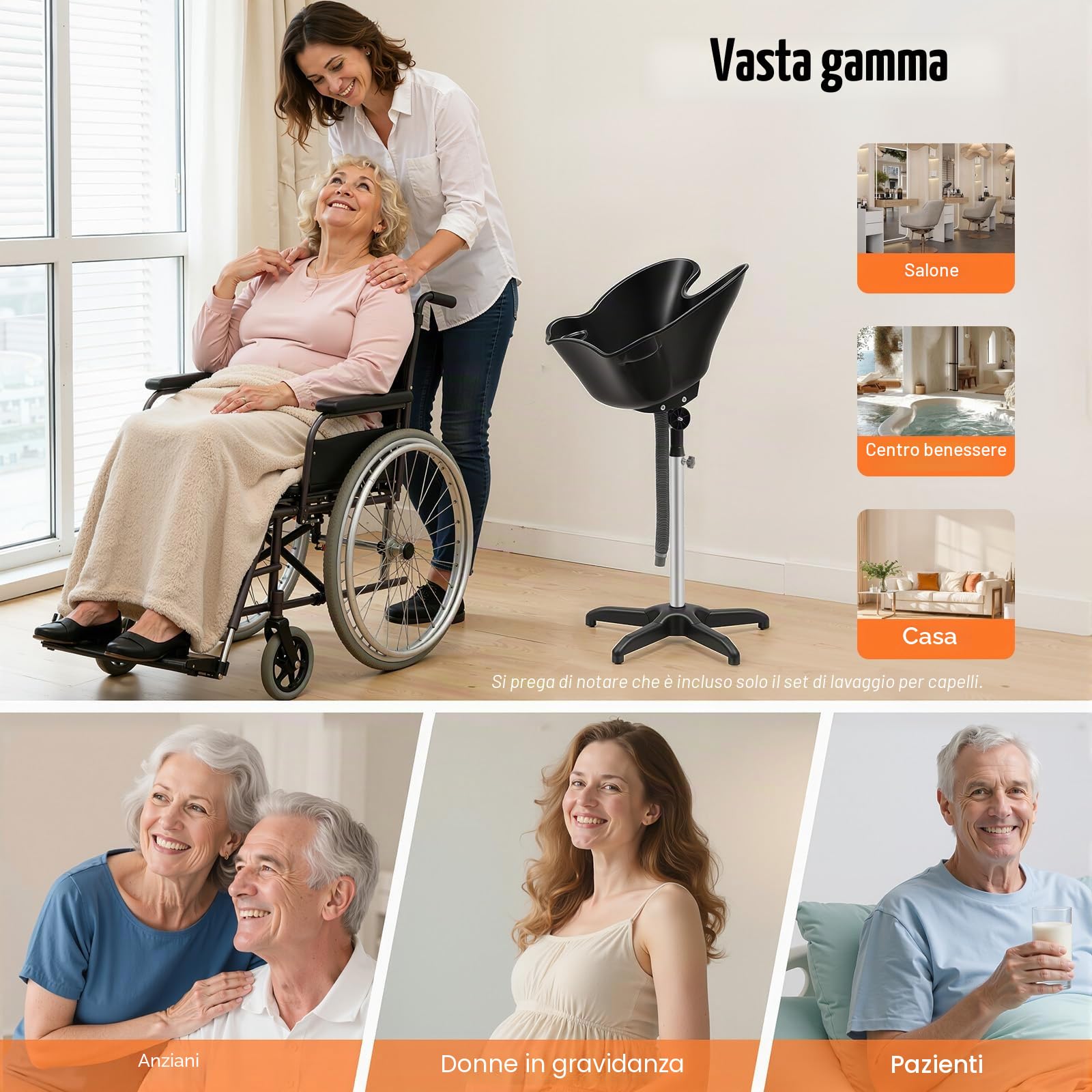 Lavabo mobile, regolabile in altezza da 94 a 122 cm, vasca regolabile a 180° in polipropilene, lavabo posteriore portatile con tubo di scarico estensibile