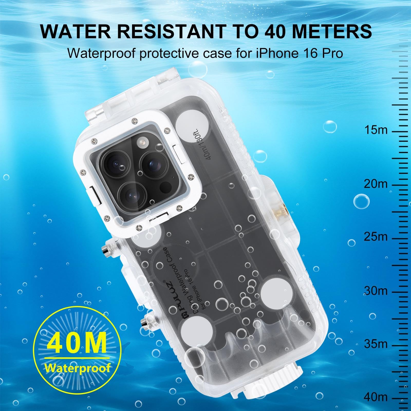PULUZ Custodia impermeabile per iPhone 16 Pro, custodia protettiva 40 m, custodia subacquea per surf, snorkeling, kayak, trasparente