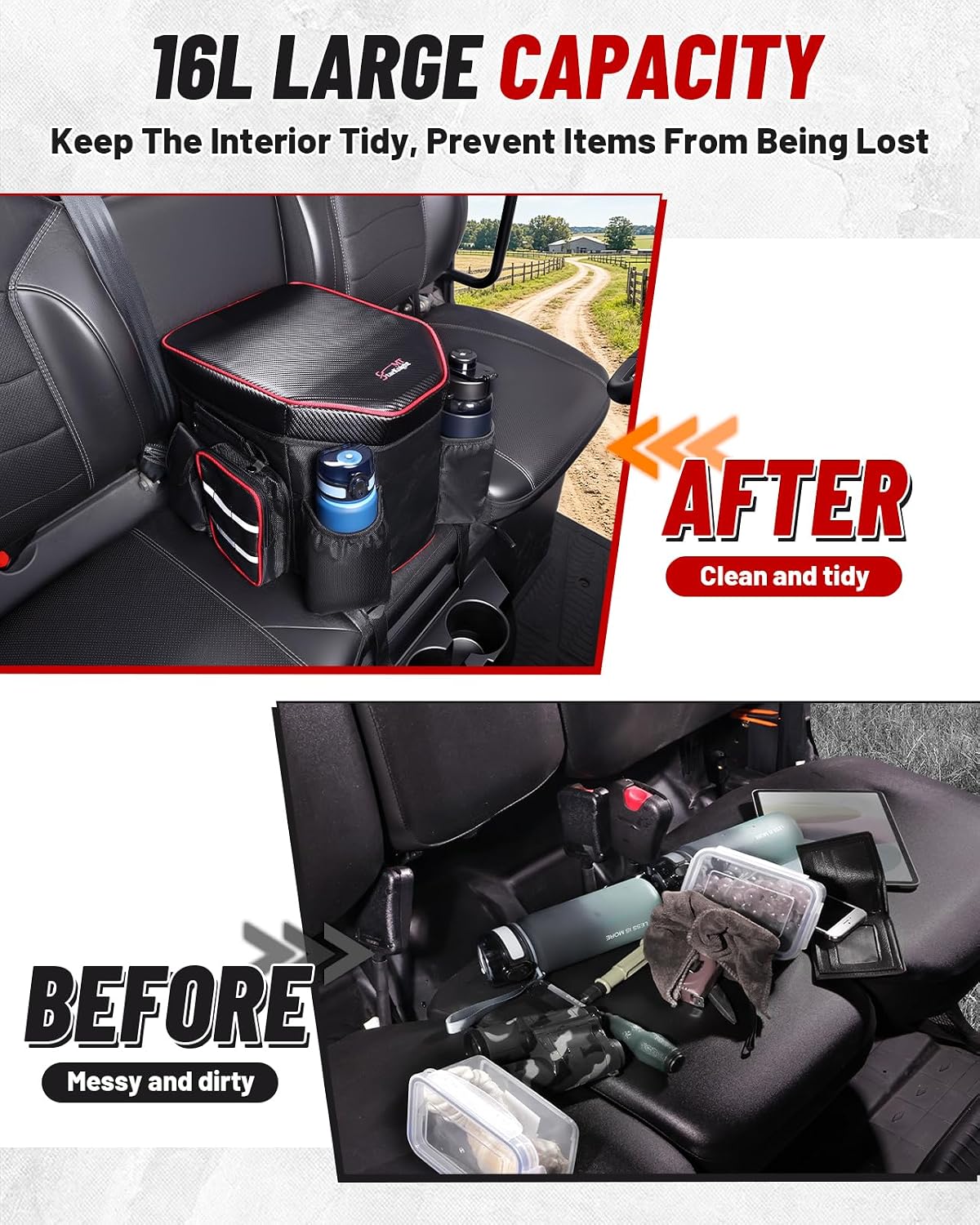 StarknightMT UTV Center Console with Cup Holders, Universal Fit Armrest Bench Seat Storage, Black Oxford Cloth Detachable Waist Bag, Compatible with Ranger, Uforce, Defender, Mule, Pioneer
