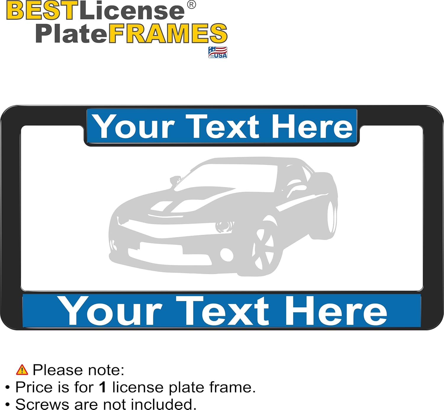 Premium Plastic Black Personalized with Custom Text Design Laser Engraved Standard Size - Car/Automobile License Plate Frame - Blue/White Text (Qty: 1 Frame)