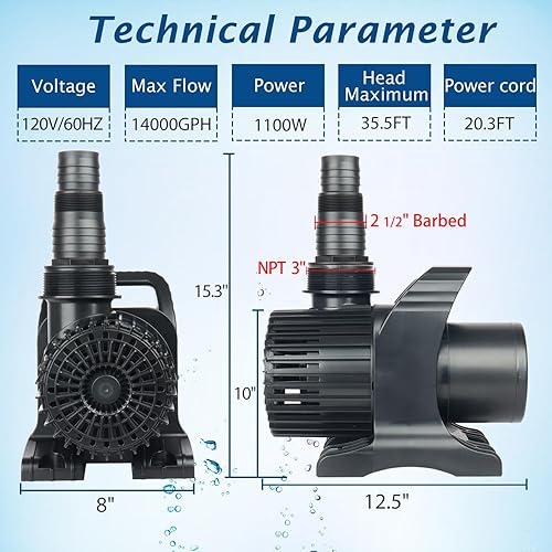 Miniatura 3 de WaterRebirth Bomba sumergible para estanque de agua PS- de alto flujo (14000 GPH, listado UL) - Bomba de fuente de acuario de agua, acuario,