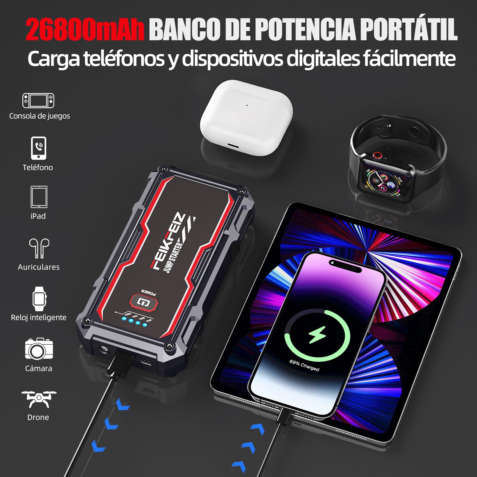 FEIKFEIZ Arrancador de Coches, 6000A 26800mAh Arrancador Batería Coche (para Todo Vehículo de Gasolina o 8,0L de Diesel), Booster Bateria, con Puerto de Salida USB, Luz LED.