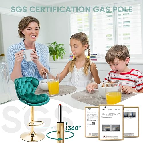 Miniatura 8 de SLEERWAY Juego de 2 taburetes de bar giratorios modernos para mostrador de cocina, sillas de bar de terciopelo, taburetes de bar dorados, taburetes