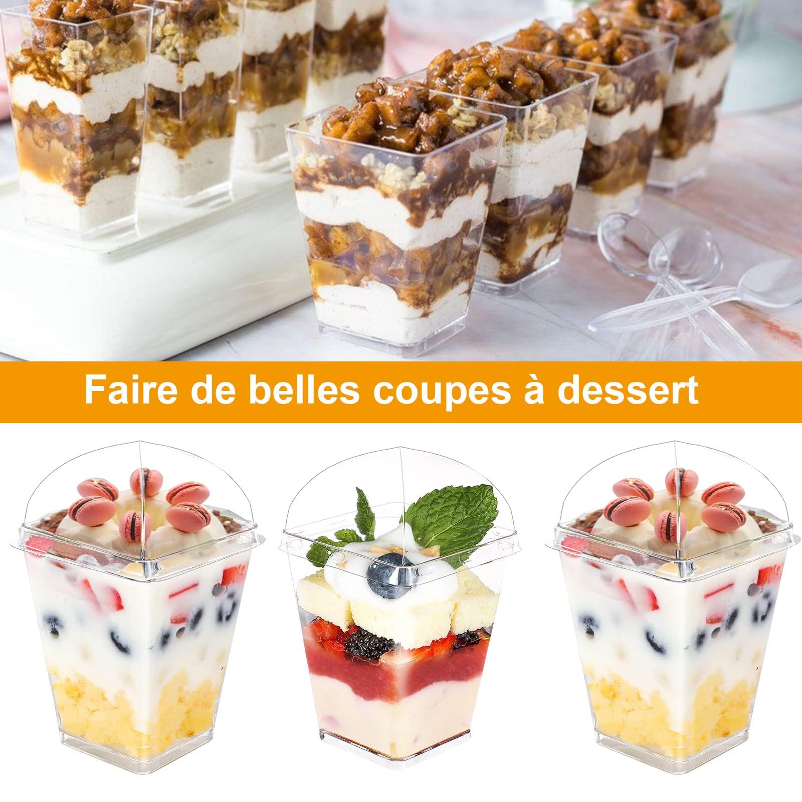 ASelected 100 Pcs Coupes à Dessert avec Couvercle 150-160 ML, Tasses à Dessert en Plastique avec 100 Couvercle et 100 Cuillères, Verrines pour Dessert, Apéritifs, Tiramisus