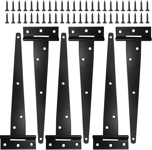 Vista 55 de Murtenze Paquete de 6 bisagras negras de 4 pulgadas con correa en T, bisagras de puerta de granero, bisagras en T para puerta de granero, cobertizo