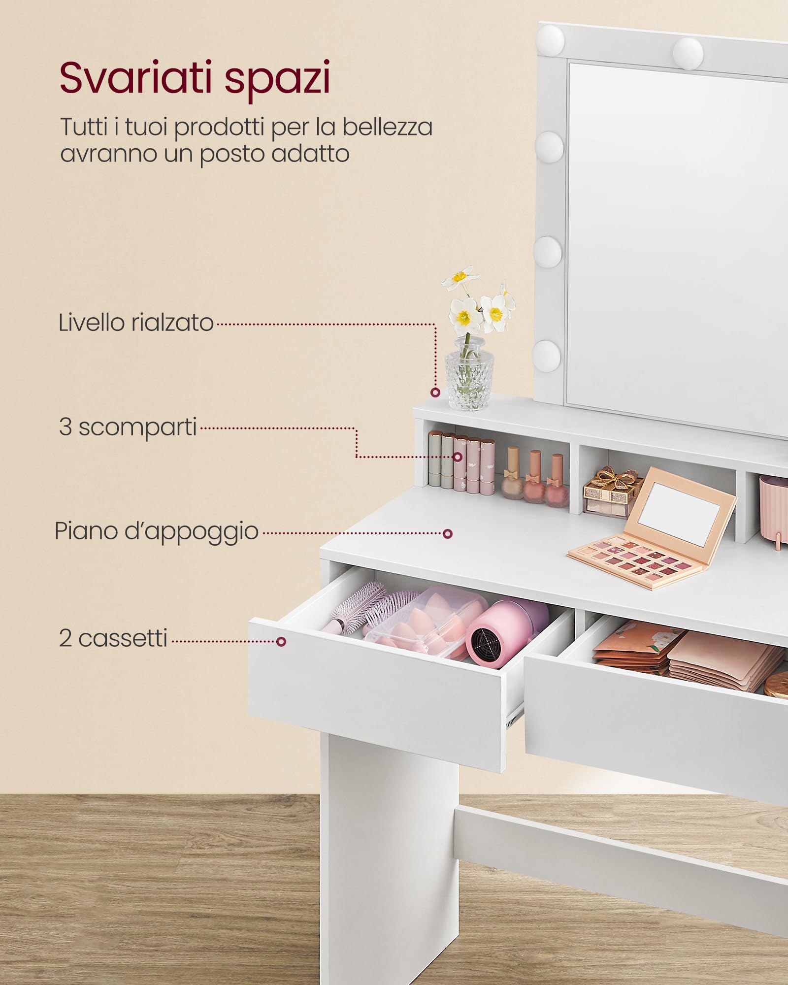 VASAGLE KAILYN Collezione - Toeletta, Luce LED Regolabile a 3 Colori, Tavolo da Trucco con Specchio, 2 Cassetti e 3 Scomparti, Postazione Trucco, Moderno, Bianco RDT114WB01