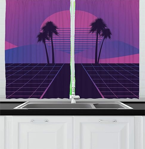 Ambesonne Synthwave Kitchen Curtains, Abstract 80's Dreamy Art Sunset Palm Trees and Checks Illustration, Window Drapes 2 Panel Set for Kitchen Cafe