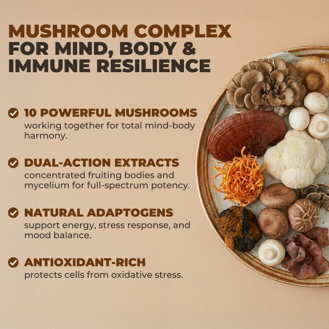 Vital 10-in-1 Mushroom Supplement Complex – High Potency Lion’s Mane, Cordyceps, Reishi & Turkey Tail Capsules – Nootropic Brain Support for Memory, Focus & Energy – 30 Day Supply