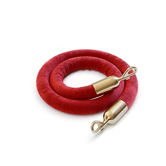 Montour Line Heavy-Duty Velvet Stanchion Rope Cotton Core, Post Queue Line Barrier for Movie Theaters, Grand Openings, Hotels 6 ft, Red Rope with Polished Brass Snap Ends