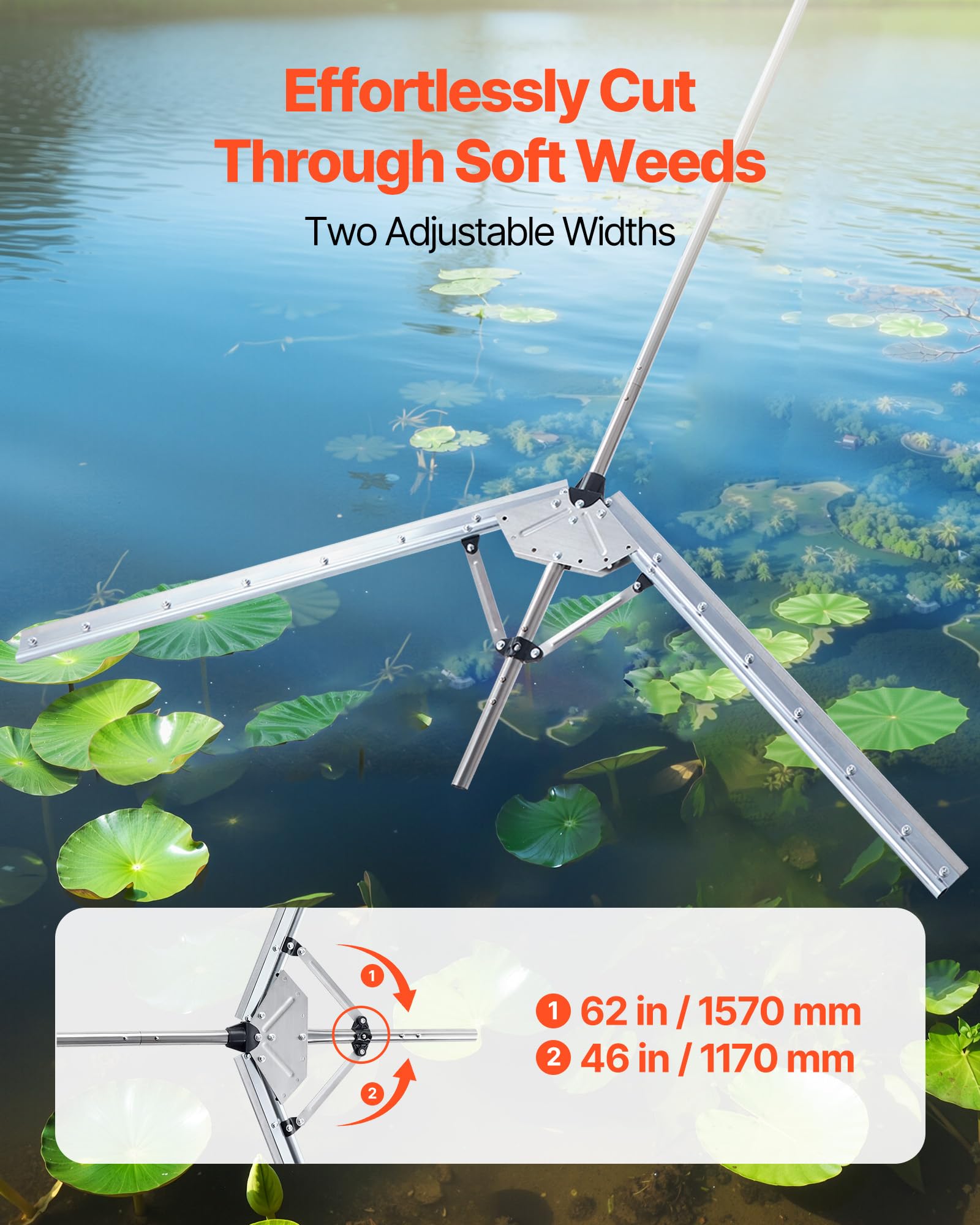 VEVOR Coupe Herbe Aquatique, Largeur Max 157 cm, Coupe Mauvaises Herbes Lac, Outil à Couper Plantes Aquatiques d'Étang, Lames en Acier Tranchantes, Corde 9 m, pour Quenouilles, Phragmites, Nénuphars