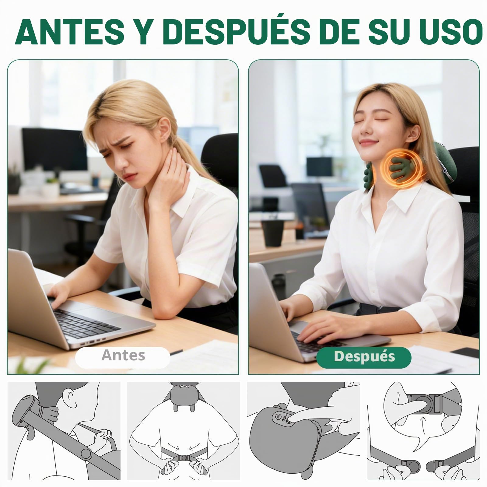 Masajeador Cervical 4D con Calor, 3 Intensidades, 2 Niveles de Calor (40-45°C), Ergonómico