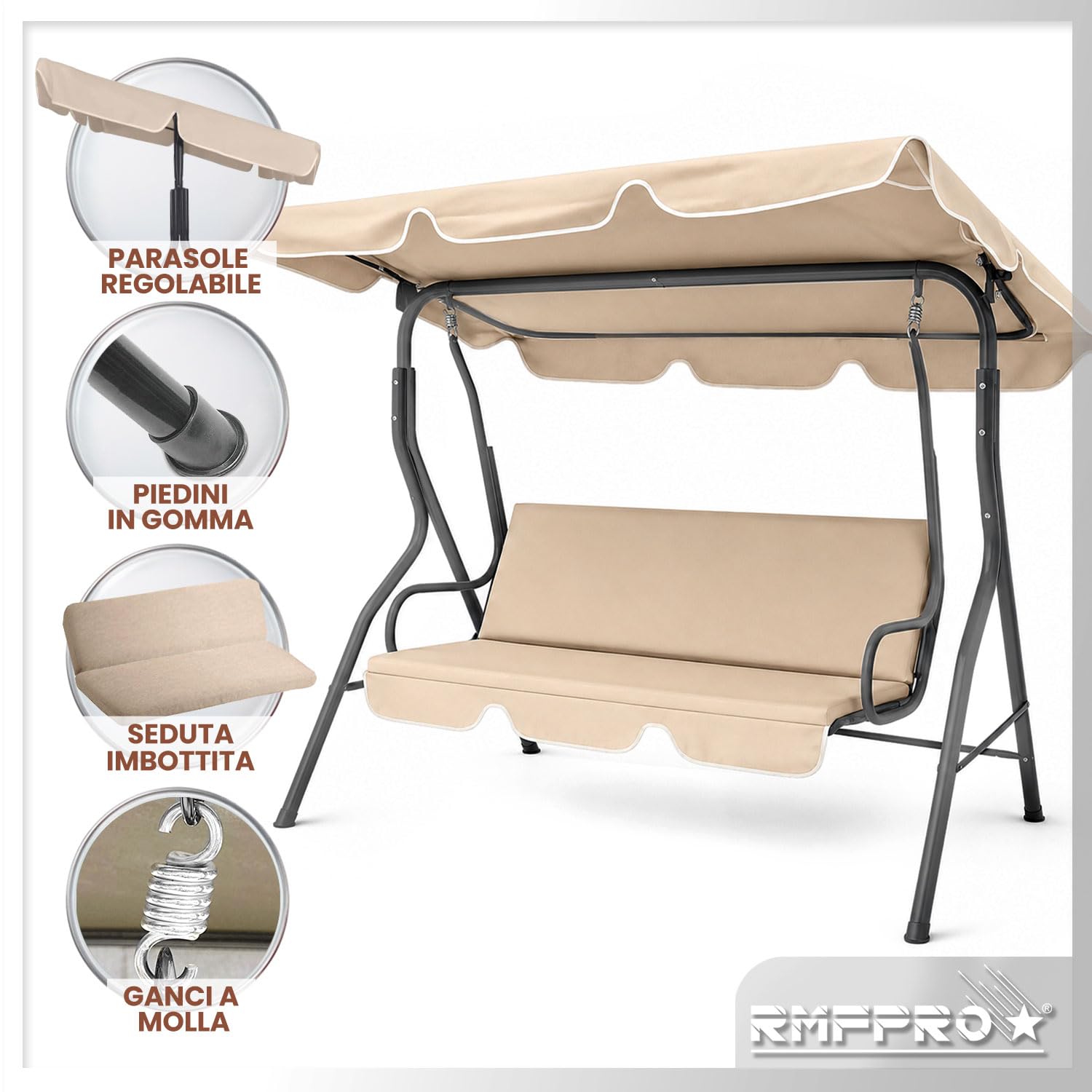 Dondolo da Giardino 3 Posti con Tetto Parasole Regolabile, Dondolo da Esterno con Struttura in Acciaio Resistente - Tessuto Impermeabile da Campeggio e Spazi Esterni 170x110x153 cm Beige