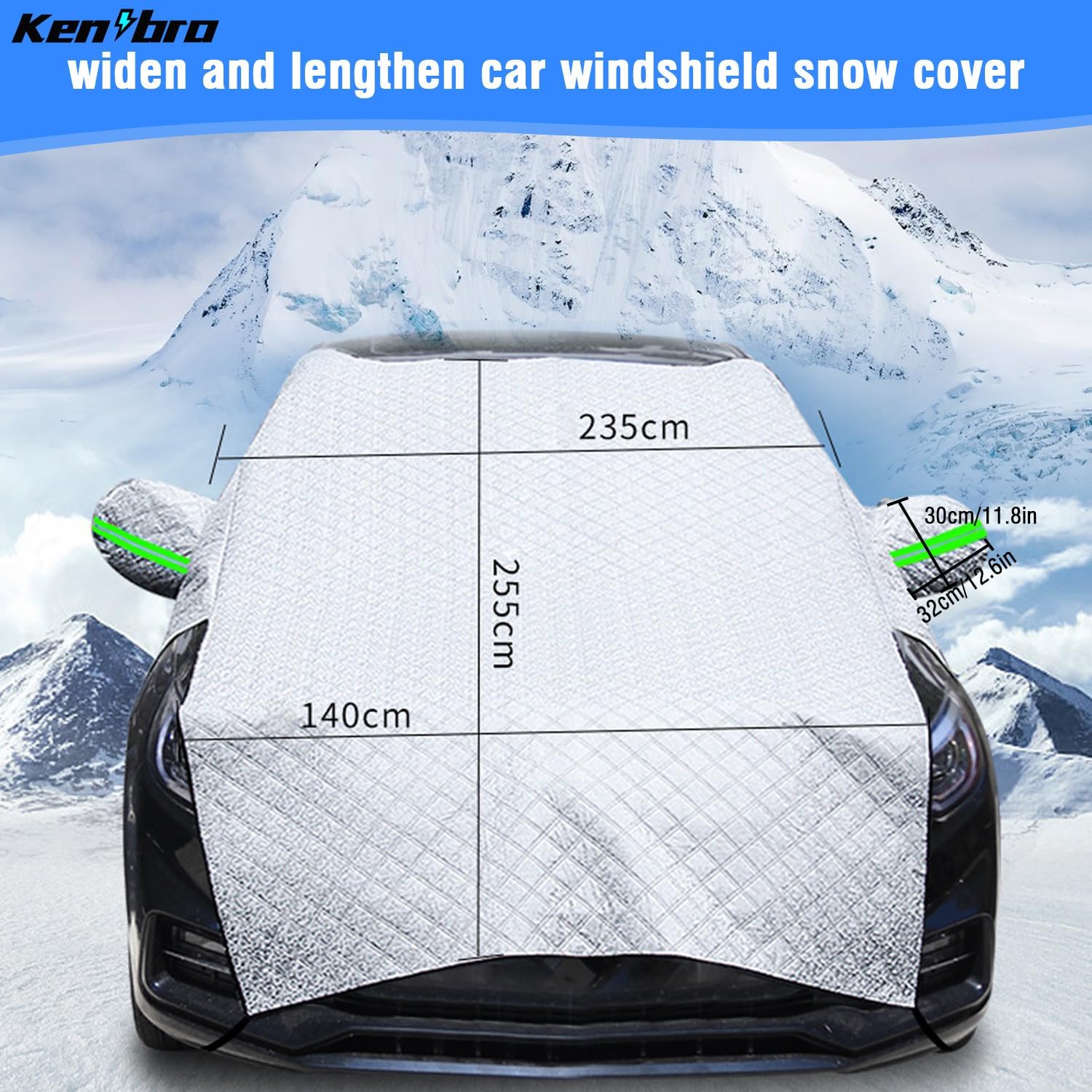 Kensbro Protection Pare Brise Voiture Hiver, Couverture Pare Brise Voiture Hiver, 255x235cm, Repliable Voiture Couverture, Universelle pour Voiture Anti Givre, Neige, Pluie et Soleil UV