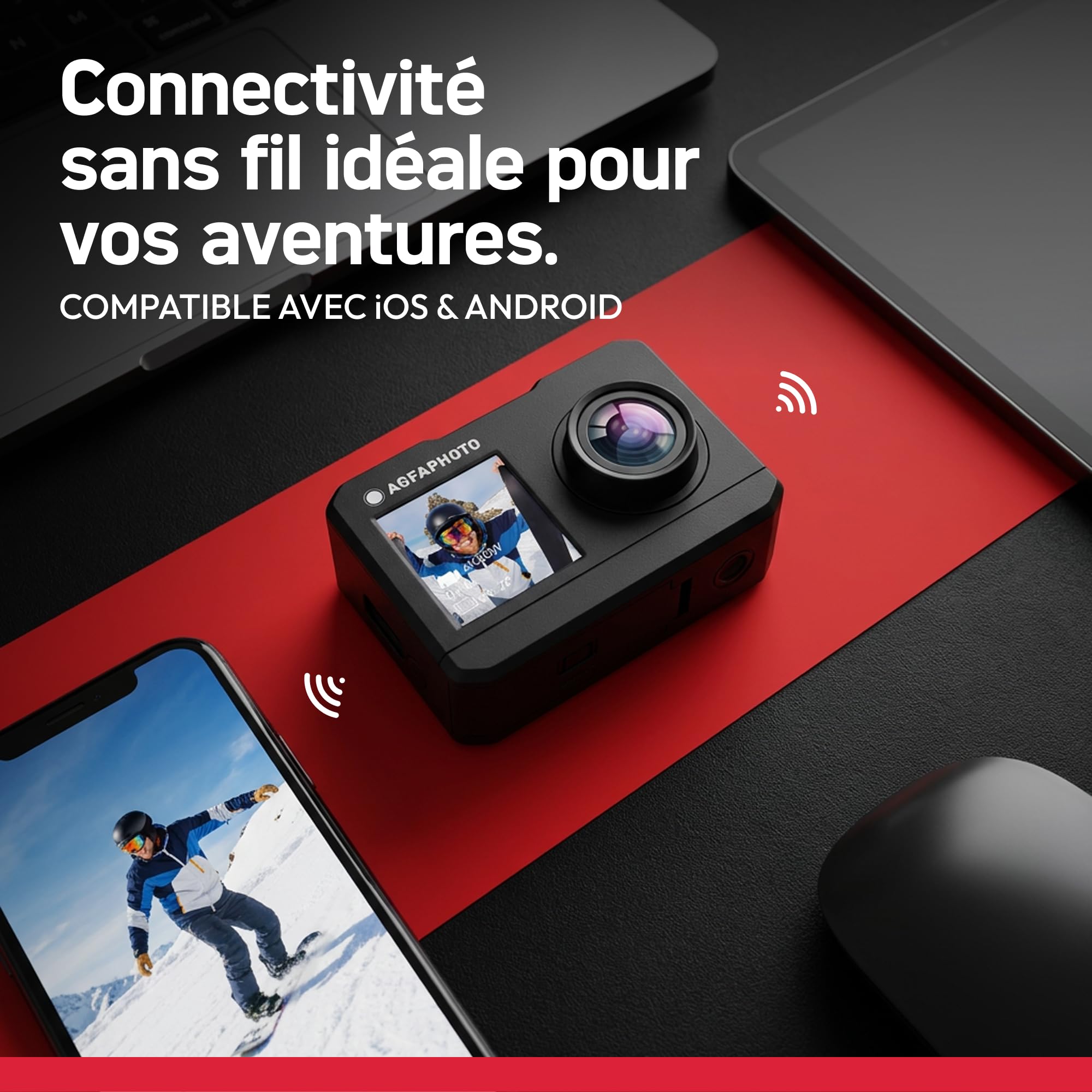 AGFAPHOTO - Caméra de Sport - AC7000 - True 2.7K 30FPS, Double Écran Tactiles, Grand Angle 120°, Boitier étanche 30m - WiFi - 10 Accessoires Inclus | Provenance France. Emballage securisé. Livré avec Facture dont TVA.