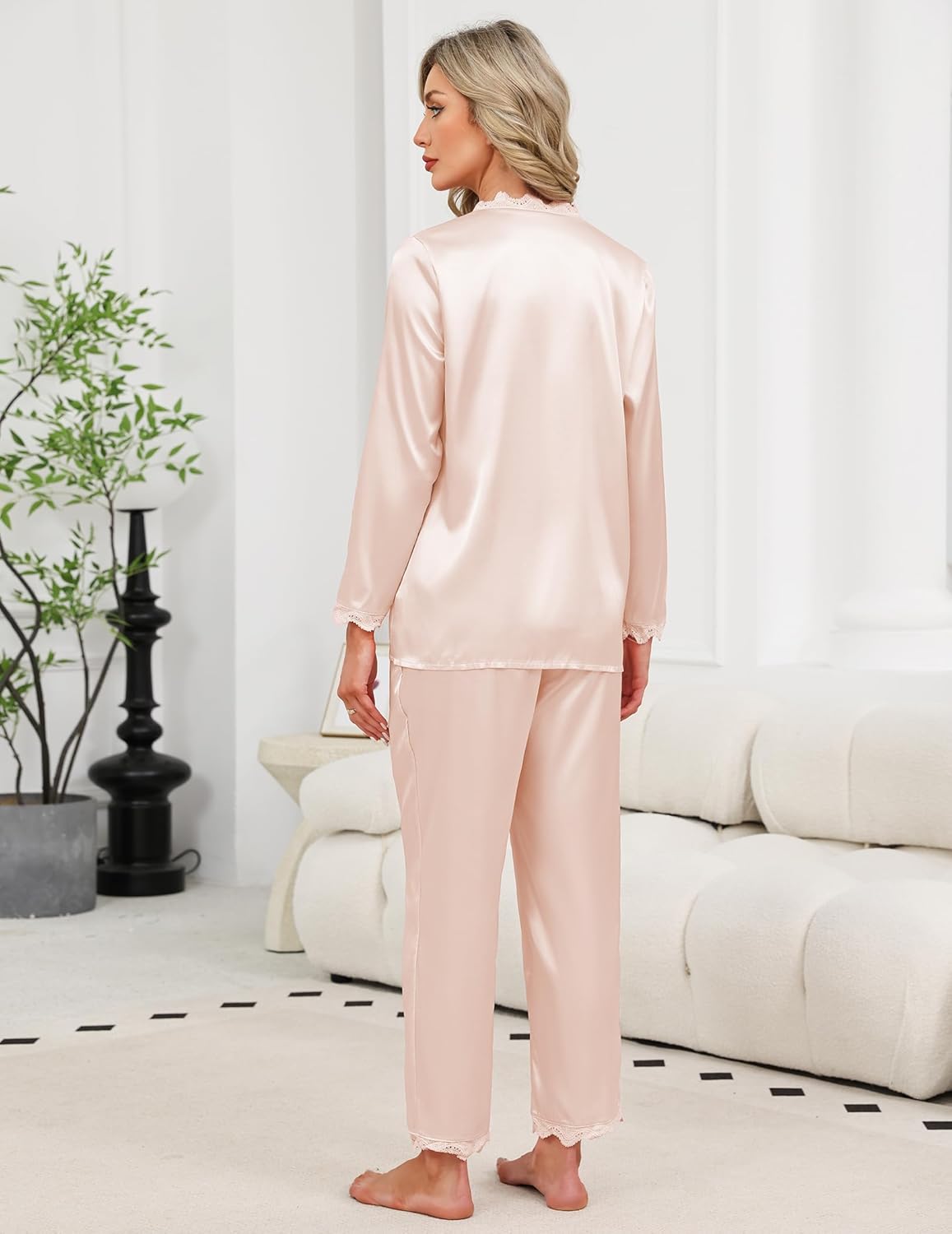 Womens Silk Pajamas Set Button Down 2 Piece Pjs Satin Long Sleeve and Pants Lace Sleepwear Lounge Set - Image 4