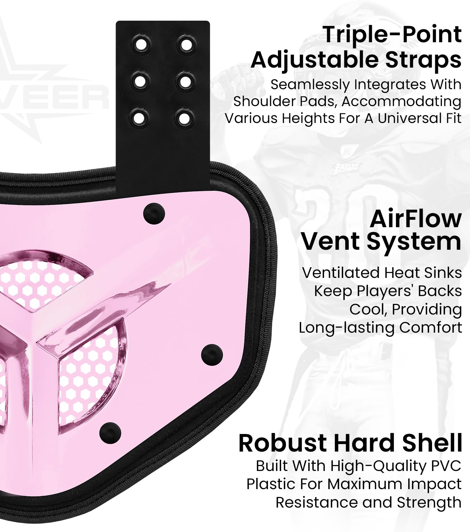 Penveer Chrome Football Backplate for Shoulder Pads with High Impact Padding, Adult & Youth Lower Backplate Football with Air Vents (Pink, Youth)