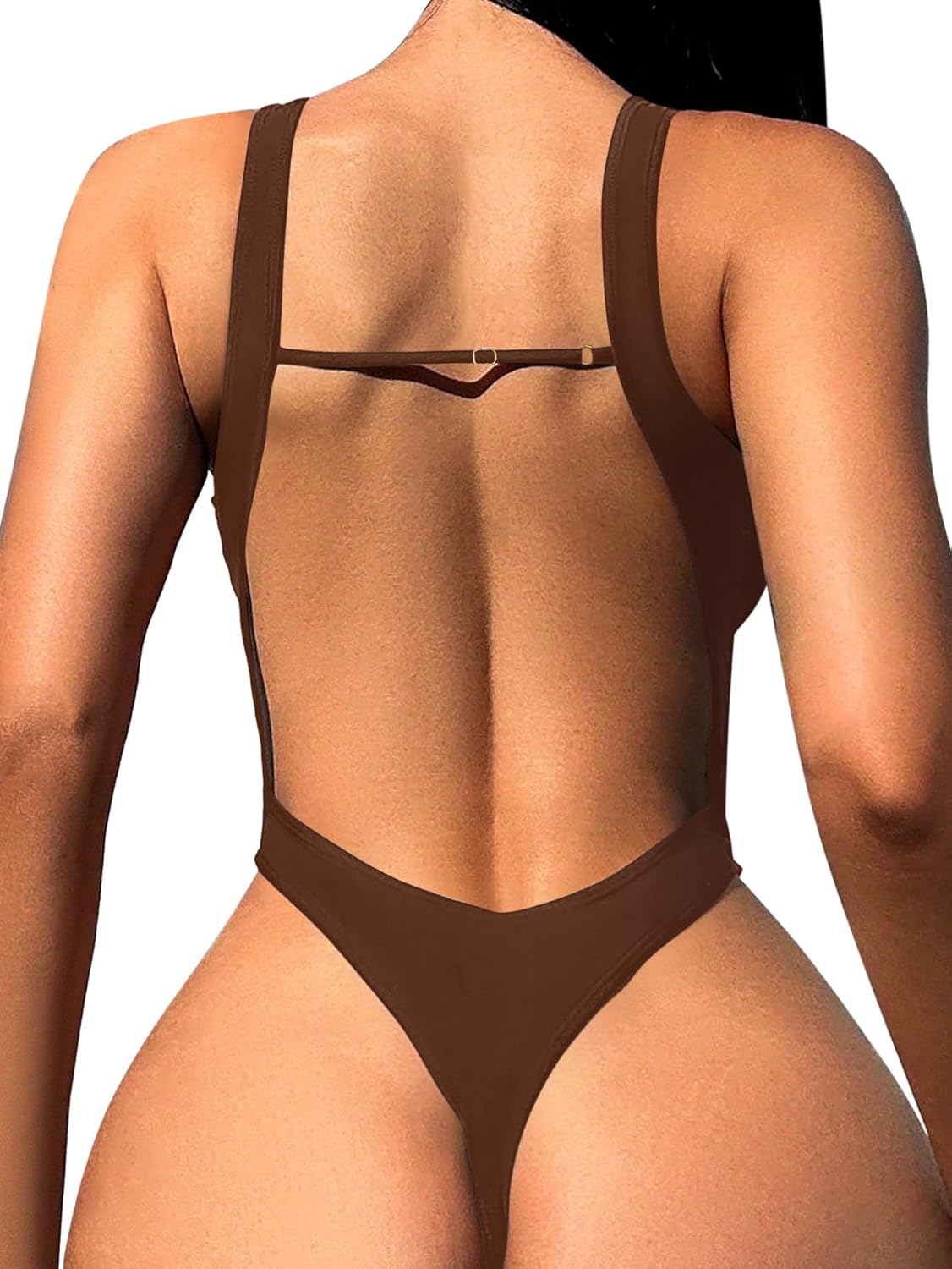 Foxiny Sexy Backless Cheeky High Cut Leg Thong V Neck One Piece Swimsuit