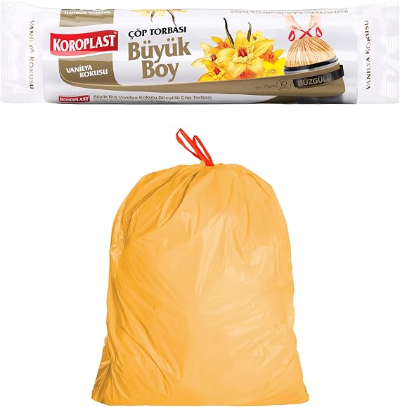 Koroplast Vanilya Kokulu Büzgülü Büyük Boy Çöp Torbası 10'lu 65x70 cm, Sızdırmaz & Yırtılmaz, Kolay Bağlanabilir, Geri Dönüştürülebilir Çöp Poşeti, Ofis, Restoran, Market, Okul, Bahçe, Mağaza, Fabrika
