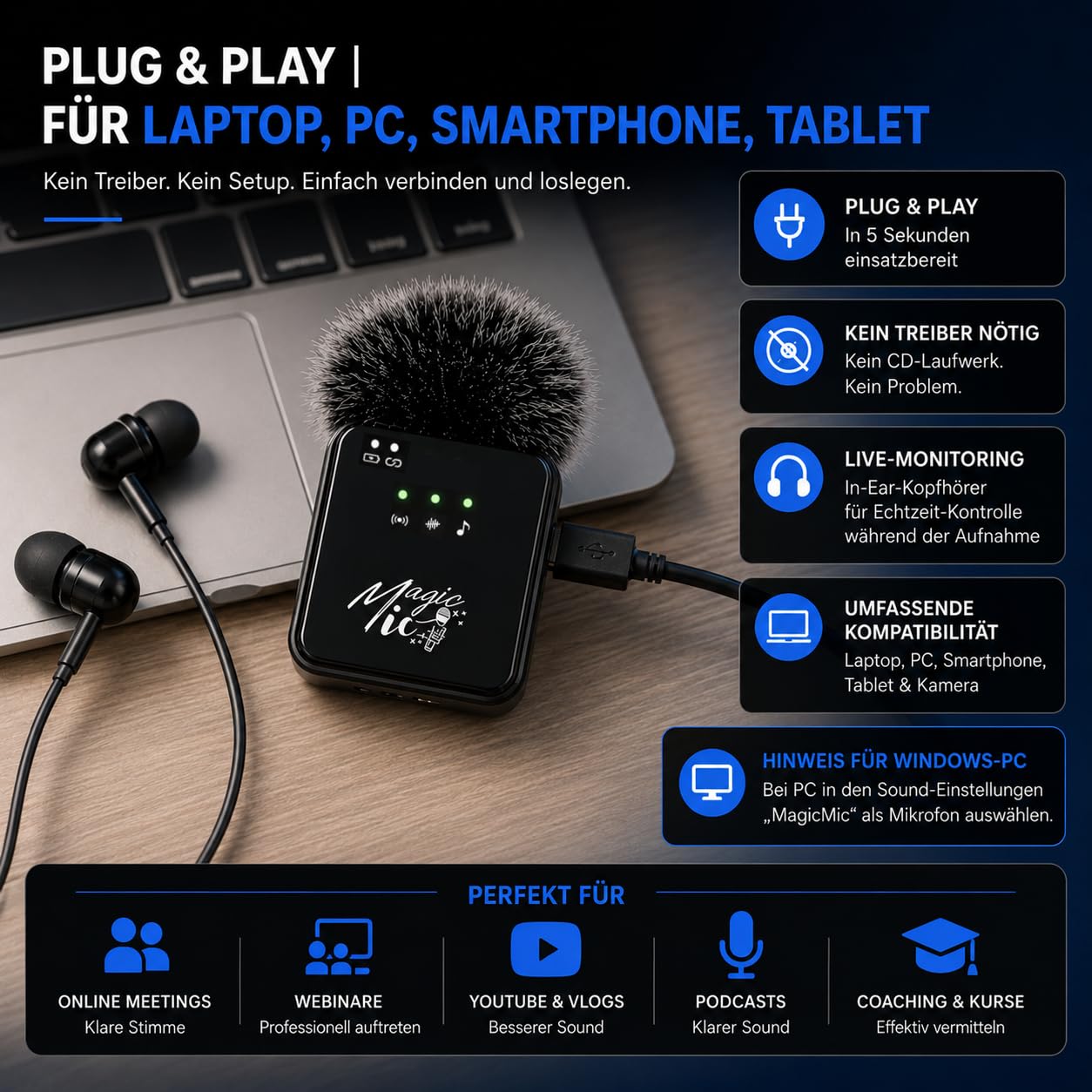 MagicMic™ 2in1 Mikrofon (3. Generation) Content Creation, Lavalier-Funkmikrofon mit Geräusch­unterdrückung für PC, iPhone, Interviews, YouTube, Vlogs (2 Sender + 1 Empfänger + Ladebox + Adapter)
