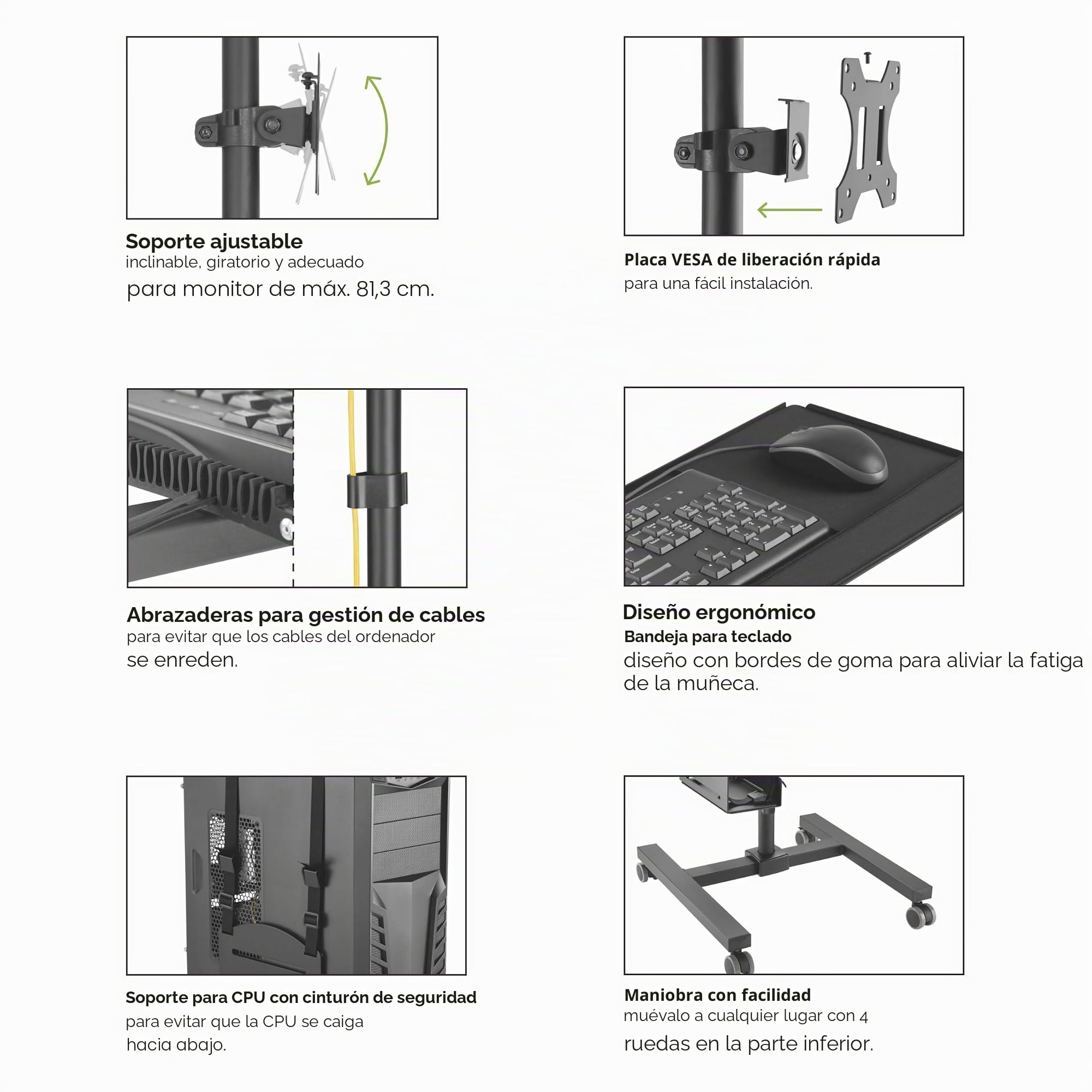 Maclean MC-793 Carro Soporte para Monitor, Teclado y Ordenador | Altura Ajustable | 17"-32" hasta 20 kg VESA 75x75, 100x100 | Construcción Robusta de Metal con Ruedas