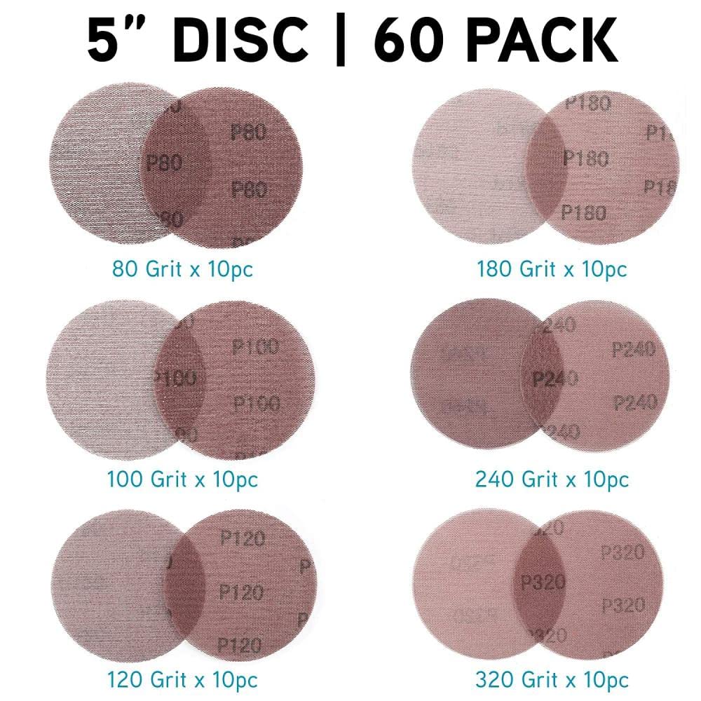 SHENGANG 60 Stück 5-Zoll-Schleifscheiben 80 100 120 180 240 320 Grit Mesh Schleifstaubfreies Schleifpapier-Sortiment für Auto-Holzbearbeitungshaken, 180