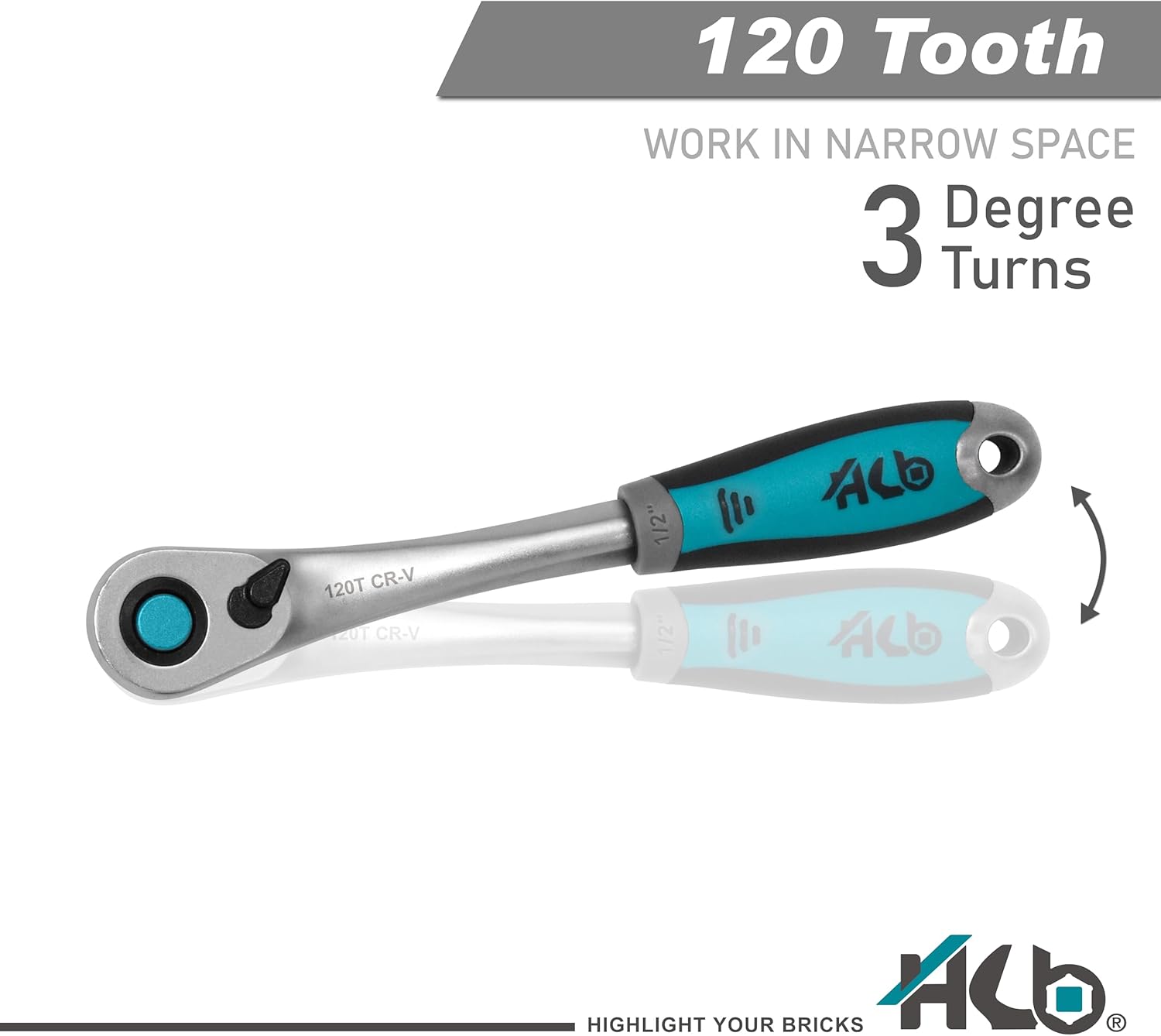 HB 1/2" Drive 120-Tooth Ratchet Handle AHU027-U | 3° Arc Swing Quick Release & Reversible Switch | Offset Ergonomic Grip with Hanging Hole | Micro Chrome Finish | Chrome Vanadium Steel Made in Taiwan
