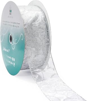 Organza with Silver Glitter Swirls Wired Ribbon 2.5 inch x 50 Yards for Christmas Home Decor Tree Topper Bow Gift Wrapping DIY Crafts Wreath Garland Wedding