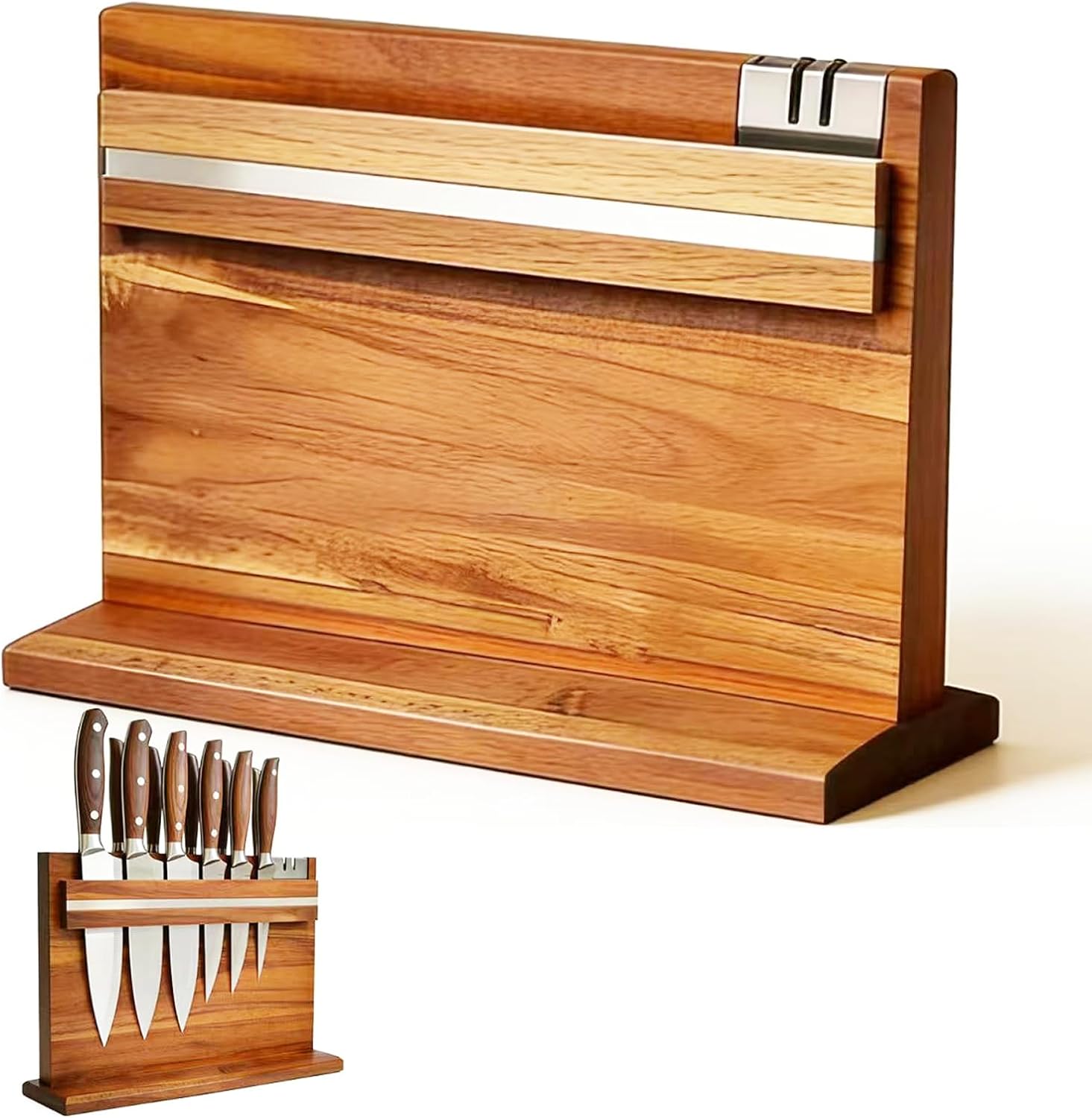Large Magnetic Knife Holder - 14.5 x 11" Double-Sided Acacia Wood Block with Built-in Sharpener, Holds 14+ Knives, Premium Kitchen Counter Organizer for Professional Chefs