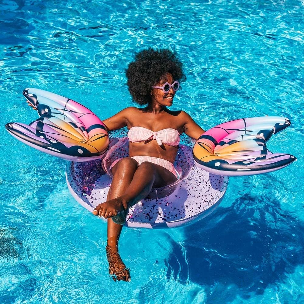 PoolCandy Glitter Filled Butterfly Pool Float – 40” Inflatable Swim Ring with Holographic Glitter, Heavy-Duty PVC Tube, Supports 250 lbs