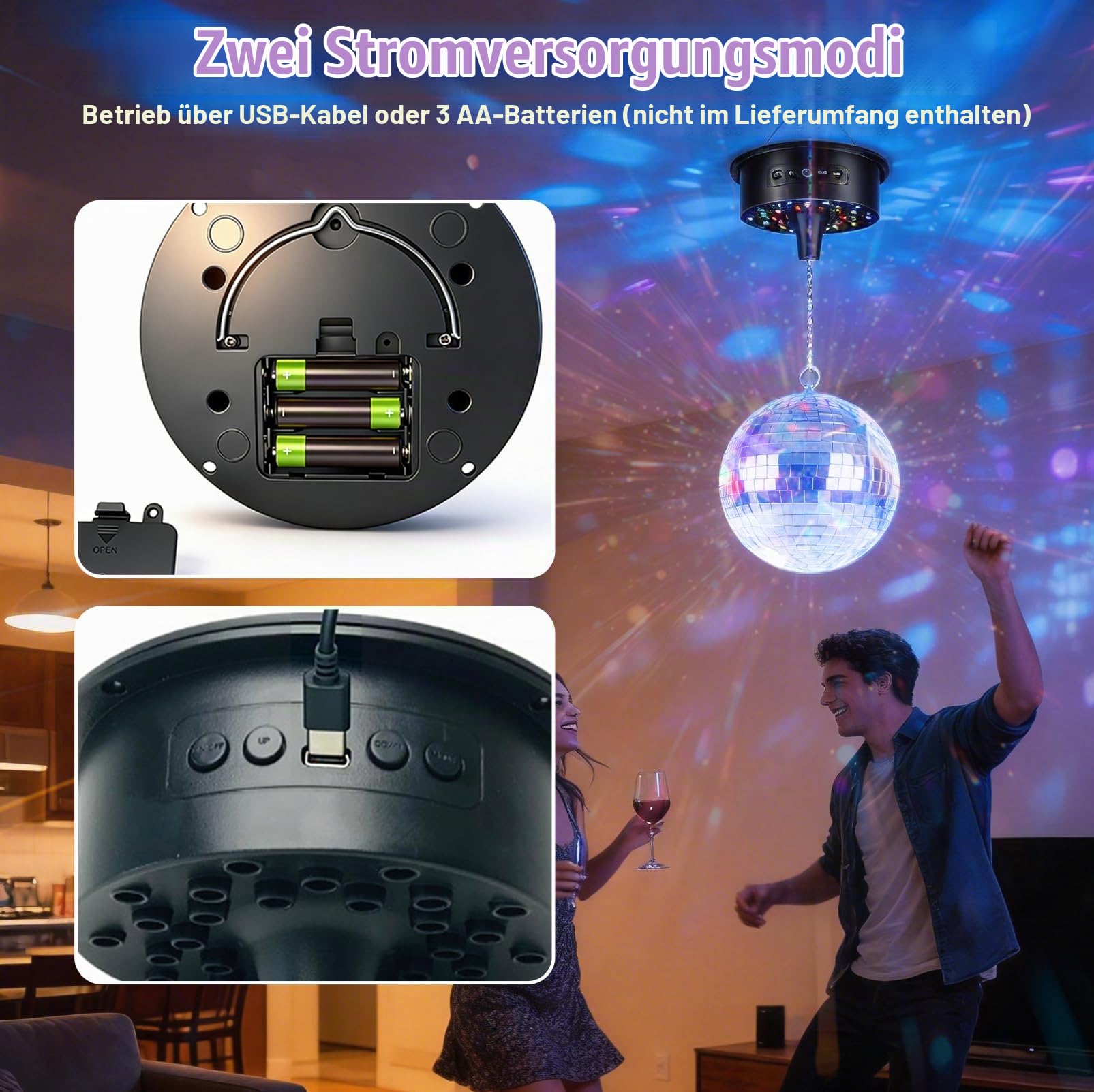 Discokugel mit Motor und Licht,20 cm Spiegelkugel mit 30 LED Perlen | 6 Farbmodi 3 Programme, Fernbedienung & Soundsteuerung, USB/Batterie-Betrieb für Partys, Disco, Events