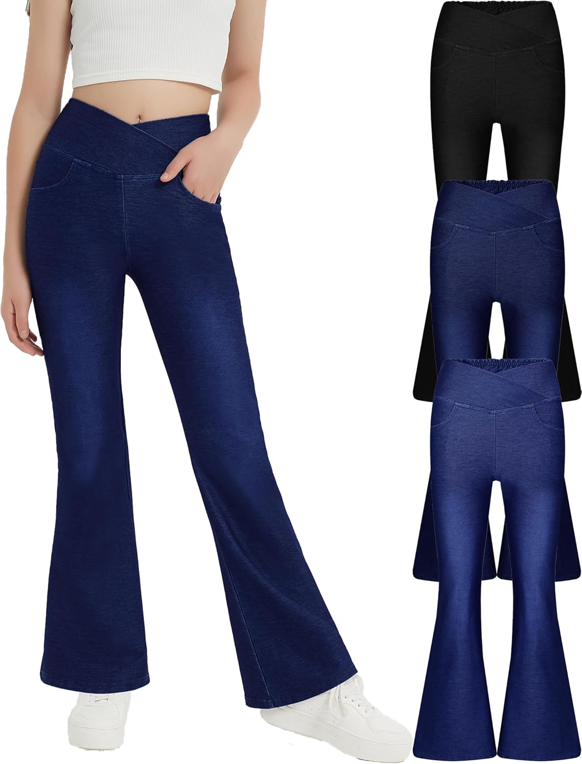 EXARUS Girls 3 Pack Jeggings Skinny/Flare Crossover Stretch Jeans High Waisted Pull on Casual School Pants Teens 8-14Y