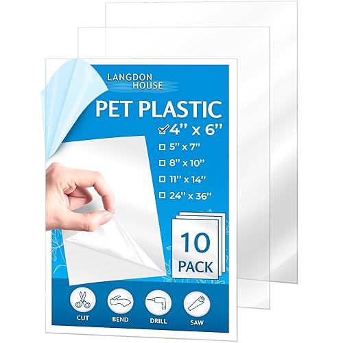 Langdon House Paneles de vidrio de plástico flexible PET (4 x 6 x 0.03 pulgadas, transparente, paquete de 10), lámina delgada de plexiglás para