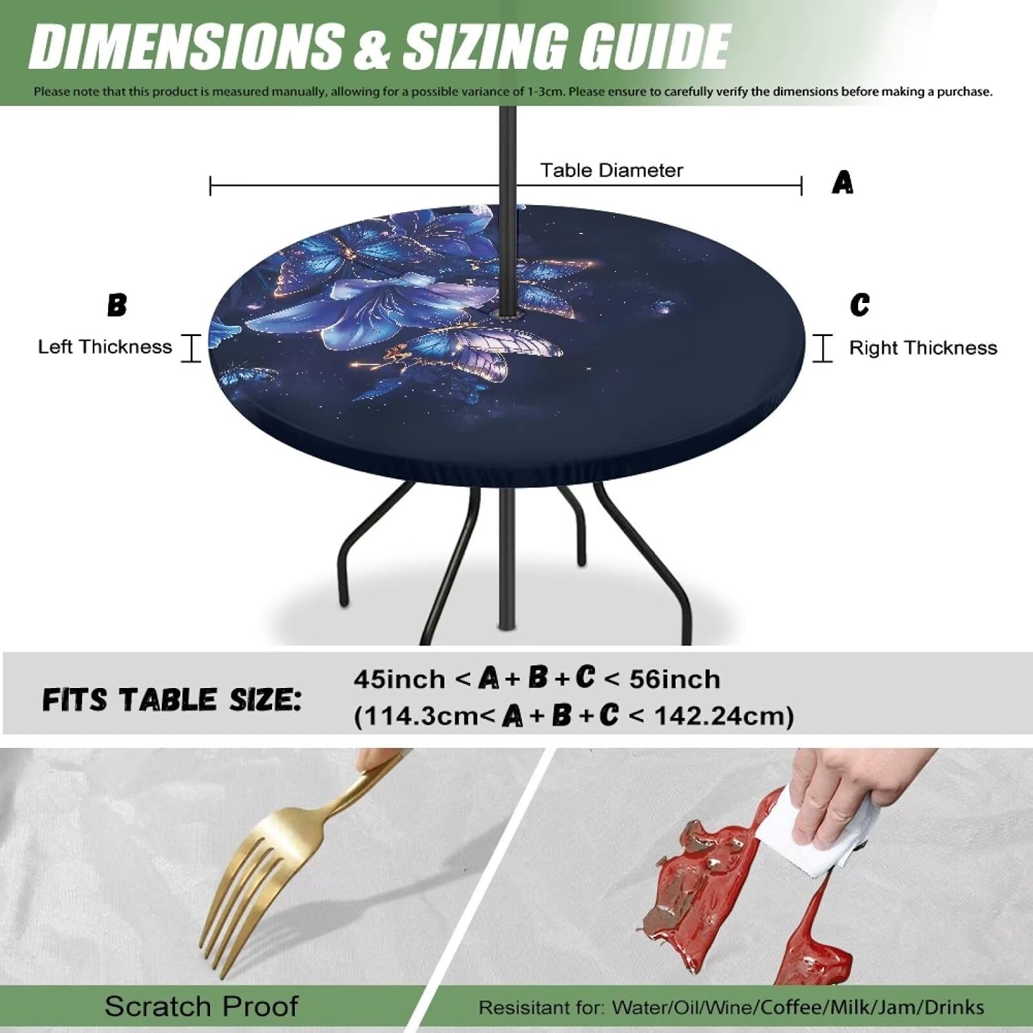 Butterfly Flower Outdoor Table Cloth with Parasol Hole,Splashproof Patio Round Tablecloth with Zipper for Garden Picnic BBQ Party [56 inches (142 cm)]