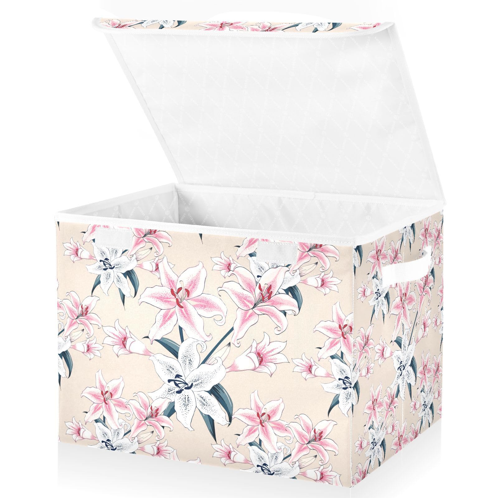 Pink-lilly-flowers-pastel Fabric Storage Boxes with Handles, Large Foldable Storage Bin with Lid, for Shelves Closet Home Bedroom Office.