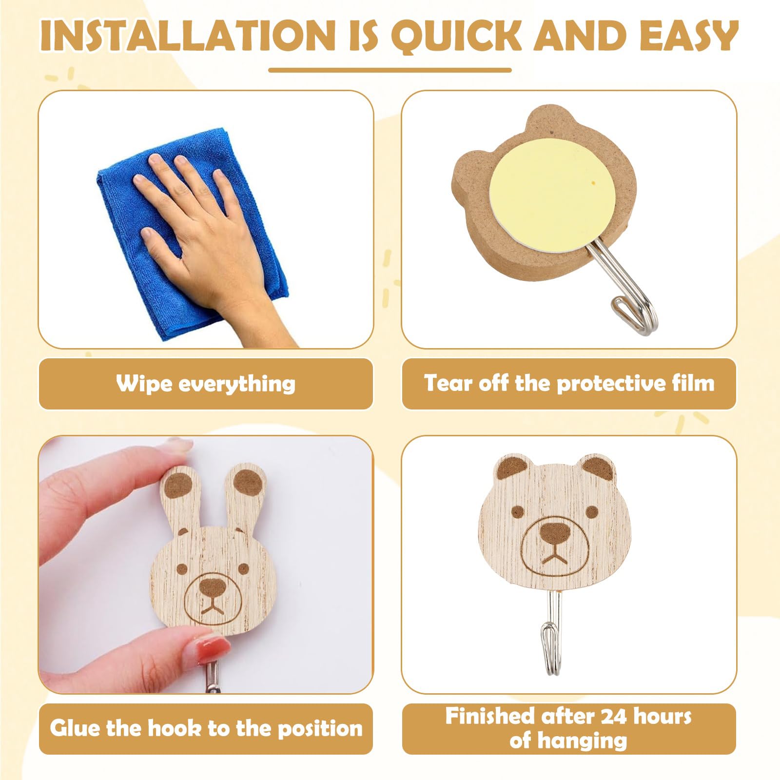 6 Ganci Autoadesivi Per Bambini A Forma Di Animali, Appendiabiti In Legno Per Cameretta, Senza Fori, Porta Vestiti E Asciugamani, Regalo Carino