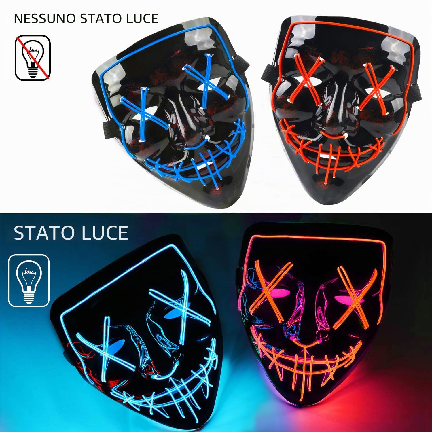 Maschera Halloween LED, Maschera Horror Luminoso per Bambini & Adulti, Maschera Spaventosa con 4 Modalità, Maschera Cosplay PVC per Festa, Carnevale, Party