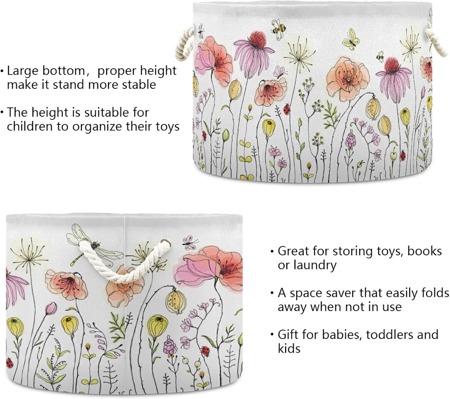 xigua Cotton Rope Basket Colorful Wildflowers Baby Laundry Basket Blanket Kids Toy Storage Basket