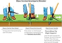 Vista 6 de Grampa's Weeder - El extractor de malezas de pie original con mango largo - Hecho con bambú real y diseño de cabeza de acero de 4 garras - Elimina