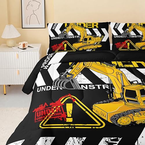Miniatura 4 de QOOMO Edredón de excavadora tamaño King, juego de edredón de camión de construcción para niños, adolescentes, niños y niñas, juego de ropa de cama