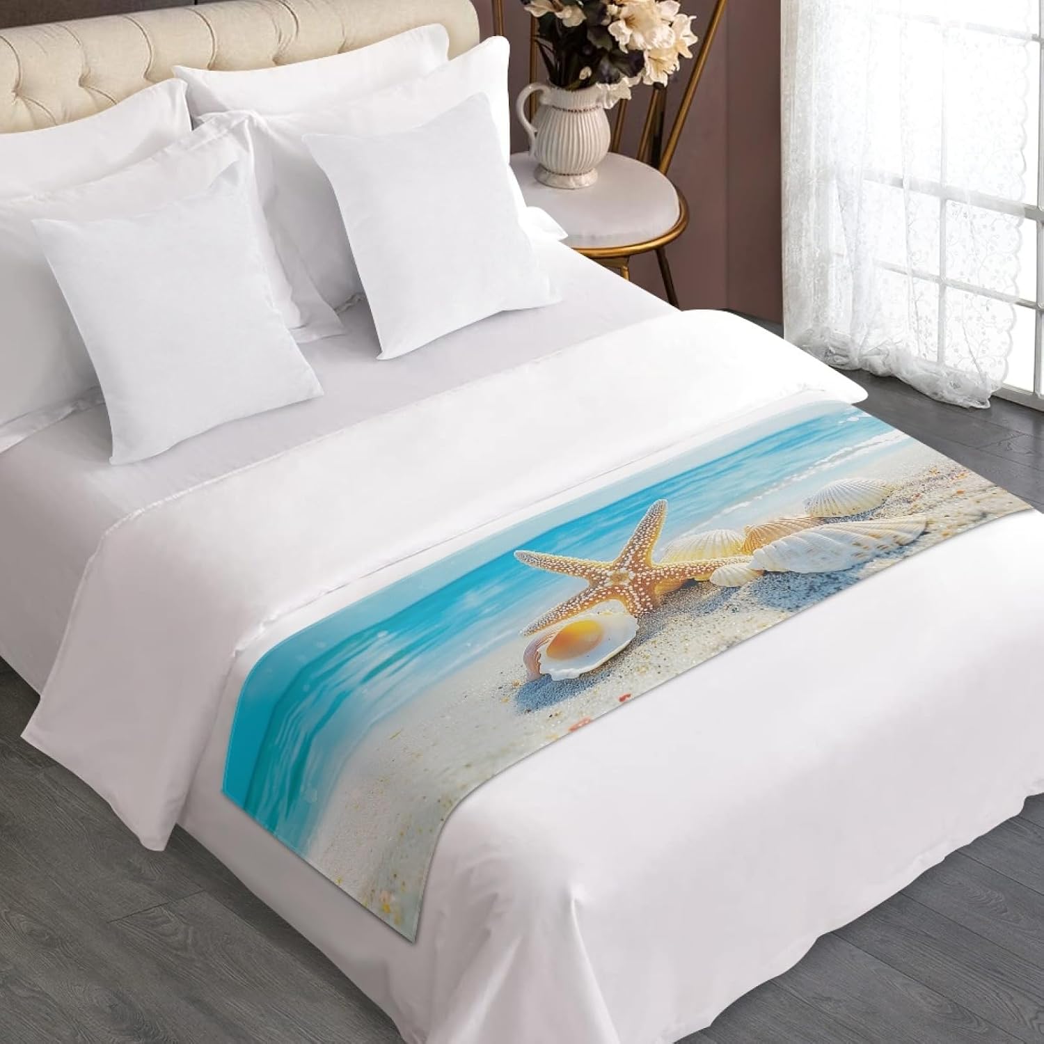 ZFRXIGN Beach Theme Bed Runner Queen Scarf Bedding Set Starfish Bed Throw Blanket Rug for Foot of Bed Decoration for Home Hotel Holiday Decor Bed Runners