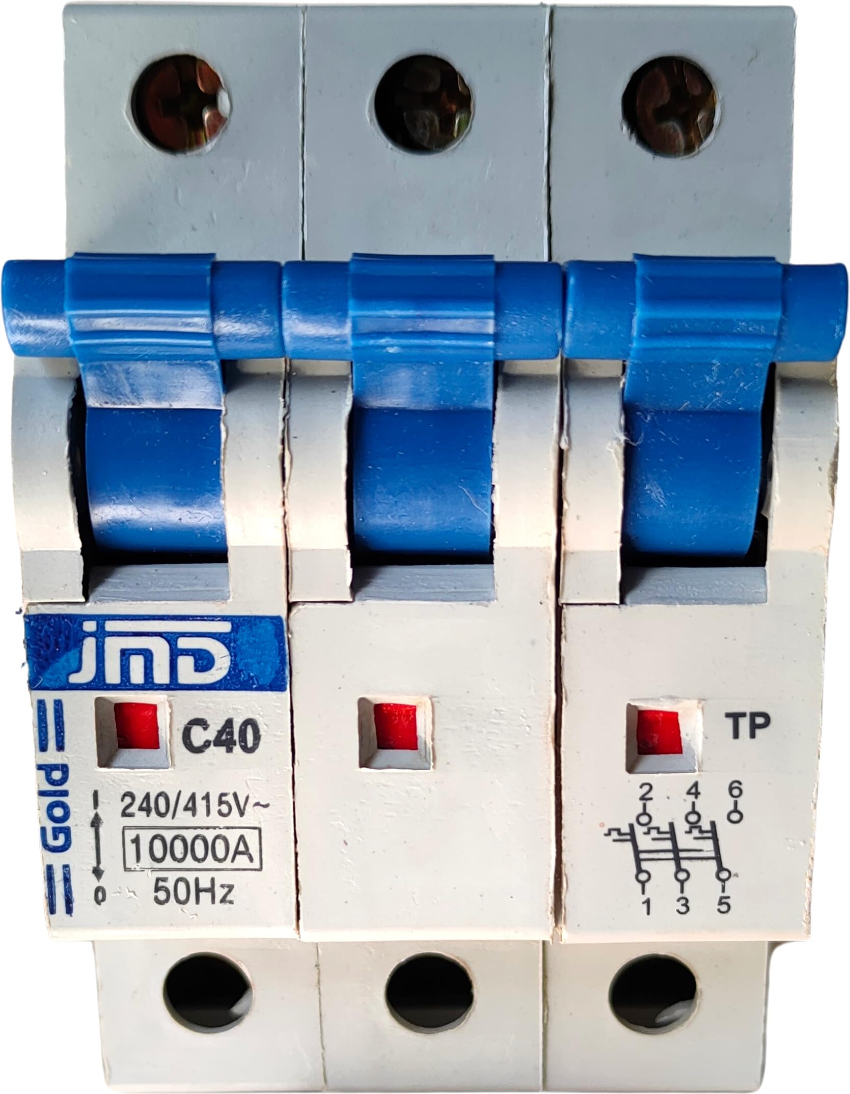 JMD GOLD 40/A Triple Pole MCB 415V, 10000A Breaking Capacity, ISI Mark Certified, C-Curve 50Hz Heavy-Duty Circuit Breaker for Industrial/Commercial Use (Triple Protection)