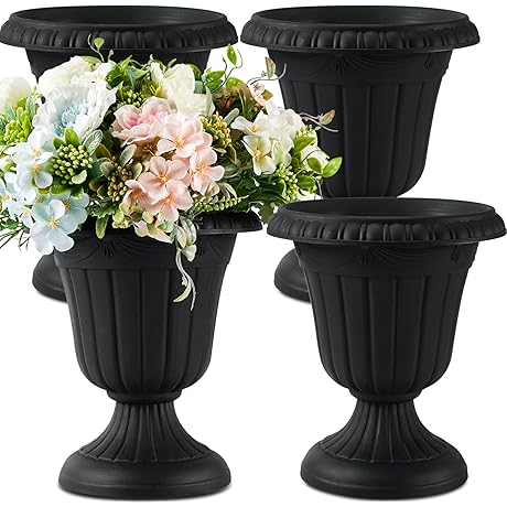 Zhehao Plastic Urn Planters: 4-Pack Black Flower Pots with Pedestals