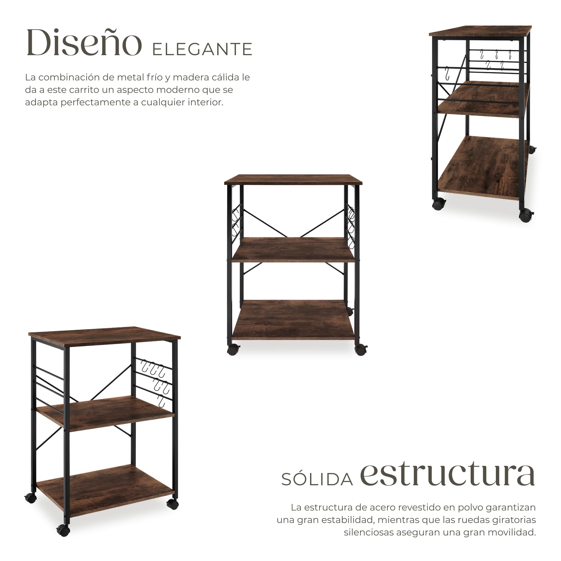 tectake® Estanteria Cocina con Estilo Industrial, Estanteria Pared Multifuncional, Mueble Auxiliar para Recibidores y Muebles de Salon - 65,5 x 45,5 x 88,5 cm Madera Industrial Oscura, Rústica