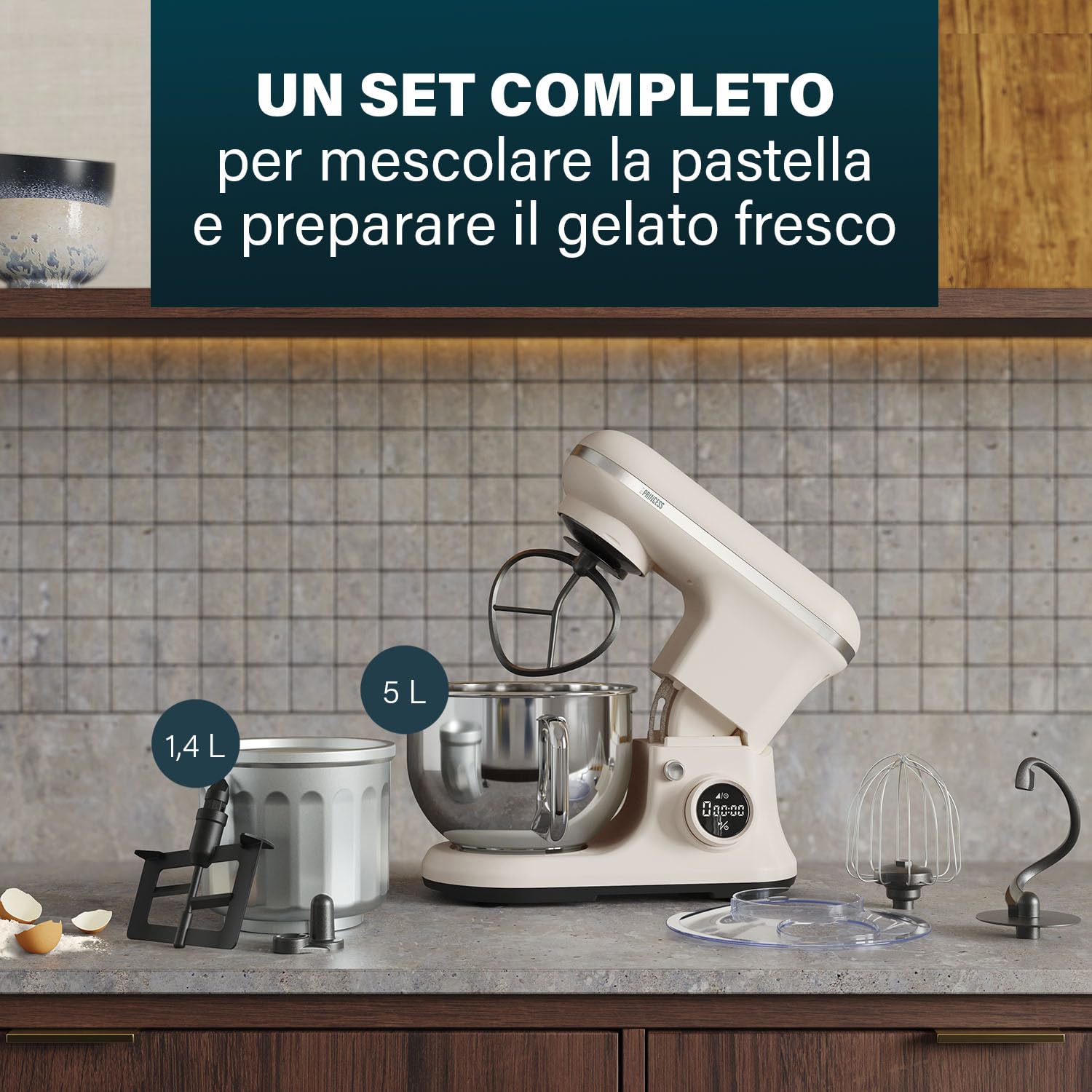Princess Robot da cucina digitale Nordic, Ciotola 5 L Inox, 8 Velocità, Controllo Digitale, Gelatiera, 1200 W, Senza BPA, Piedini Antiscivolo, Lavabile Lavastoviglie, 220138