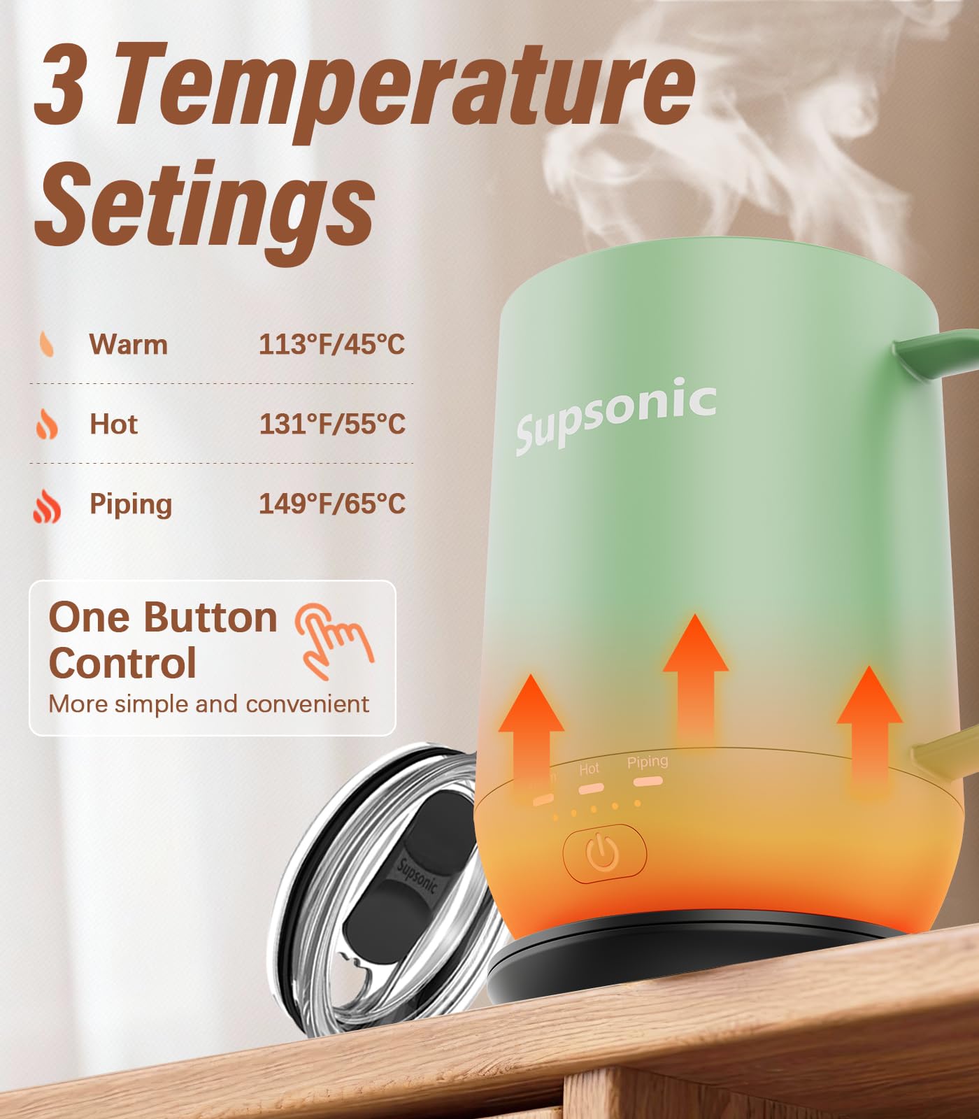 Supsonic - Taza de café autocalentable de 16 onzas, taza de café calentada inteligente, calentamiento más rápido de contacto directo de hasta 65.0 °C, juego de calentador de tazas de café con apagado