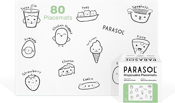 Parasol Disposable Placemats for Babies and Toddlers, 80 Ct, Soft, Absorbent, Stick-On Table Mats with Waterproof Backing, BPA-Free, Food Safe, Portable Mealtime Mats for Home, Travel and Restaurants