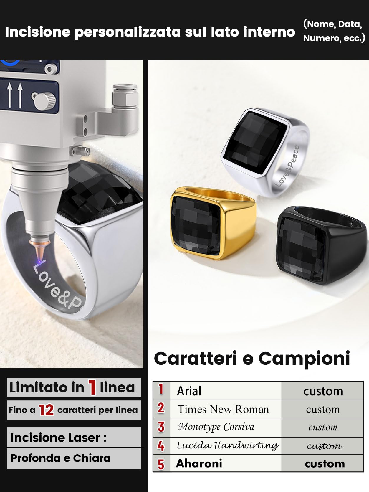GoldChic Misura 30 Ossidiana 15MM Anello Uomo Argento Pietra Alta Trasparenza Intarsio 3D Tagliato a Diamante Anello Acciaio