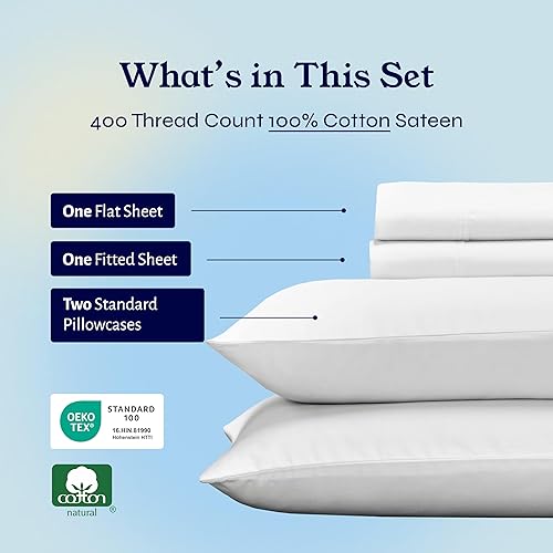 Vista 16 de Juego de sábanas de 400 hilos y 6 piezas, tamaño King, con 4 fundas de almohada, ropa de cama de 100 % algodón con tejido satinado, color azul 12